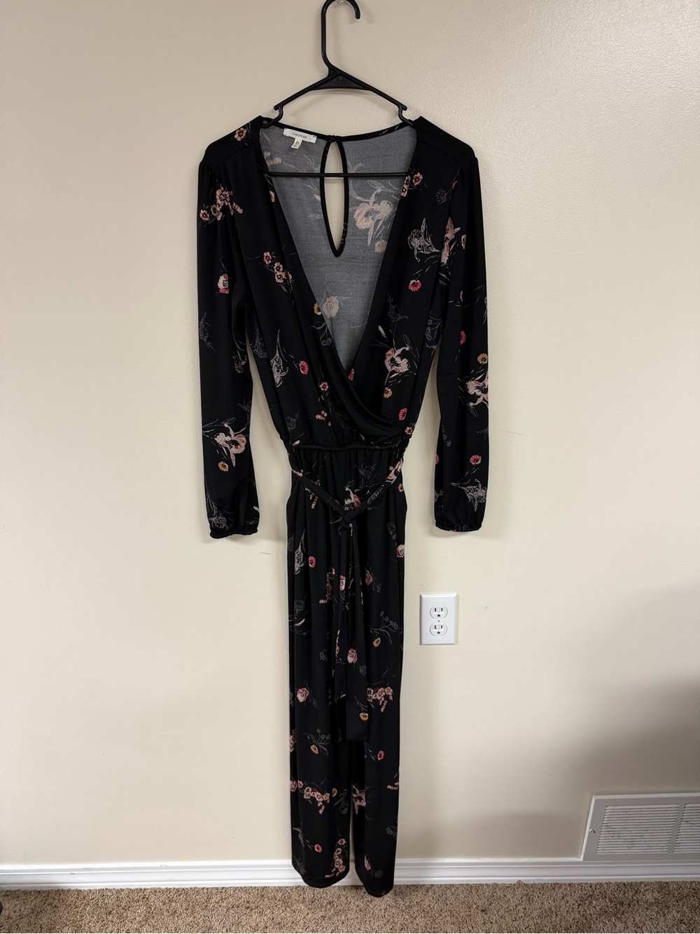 Maurices Black Floral Long-Sleeve Wrap Jumpsuit